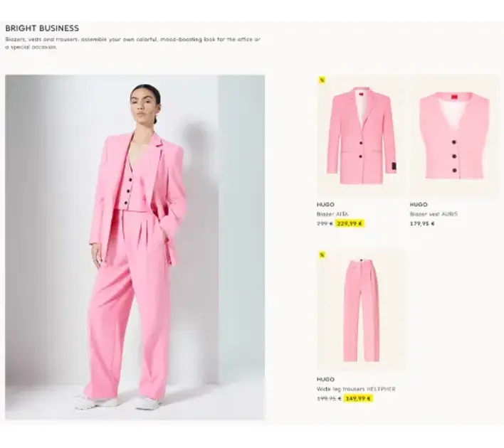 A model in a bright pink suit stands beside images of matching blazer and trousers, showcasing a vibrant business outfit collection.