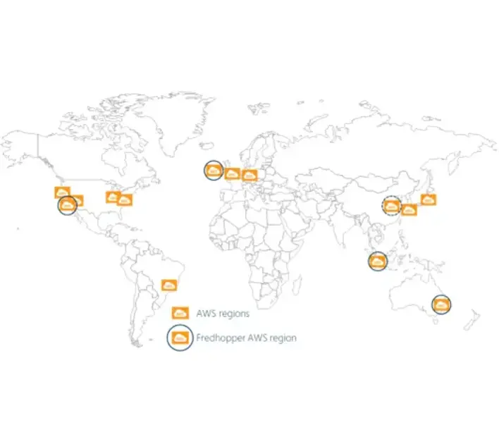 World map highlighting AWS regions with icons; one icon indicates the Fredhopper AWS region.
