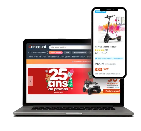 A laptop displays the Cdiscount website celebrating 25 years, alongside a smartphone showing a HITWAY electric scooter with a promotional price.