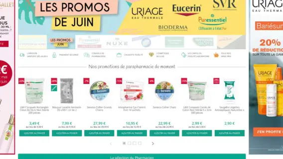 A promotional webpage for Santédiscount featuring discounts on health and hygiene products, including brands like Eucerin and Uriage.