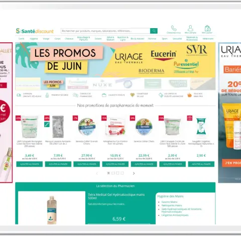 A promotional webpage for Santédiscount featuring discounts on health and hygiene products, including brands like Eucerin and Uriage.
