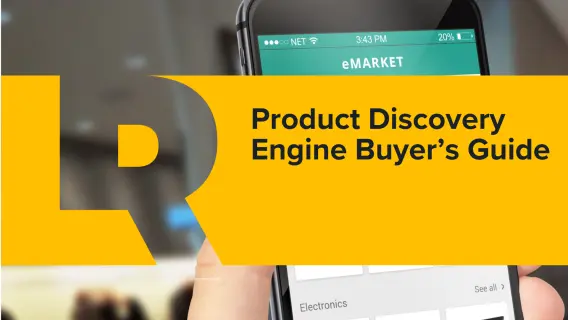 A smartphone displays an app titled 'eMARKET,' featuring a guide for a product discovery engine.