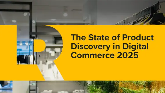 A modern retail space featuring clothing displays, with a prominent title about product discovery in digital commerce for 2025.