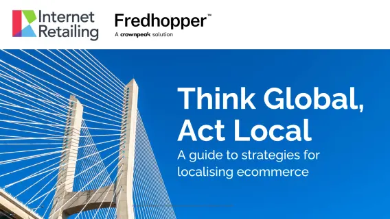 A modern bridge with cables against a blue sky, featuring the text 'Think Global, Act Local' about localizing e-commerce strategies.