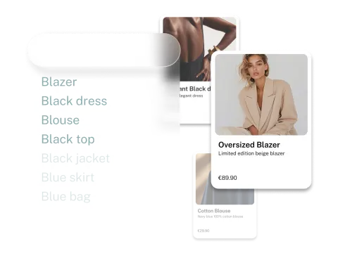 Clothing items displayed include blazers, dresses, blouses, a skirt, and a bag, with price tags for each item.