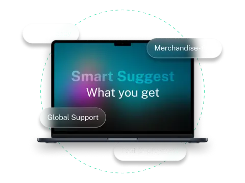 A laptop displays 'Smart Suggest' with key features: Global Support, Fast Deployment, and Efficiency in surrounding text bubbles.