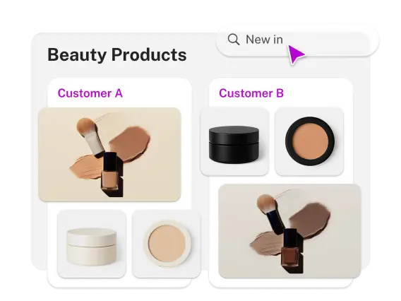 Two sections labeled 'Customer A' and 'Customer B' display various beauty products, including foundations, powders, and brushes.