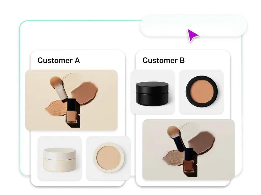 Two sections labeled 'Customer A' and 'Customer B' display makeup products, including foundations, powders, and brushes on a light background.