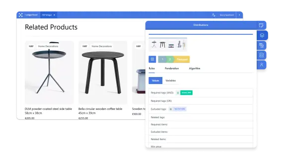 A display of related home decor products, featuring two tables with prices and a sidebar for distribution settings and rules.