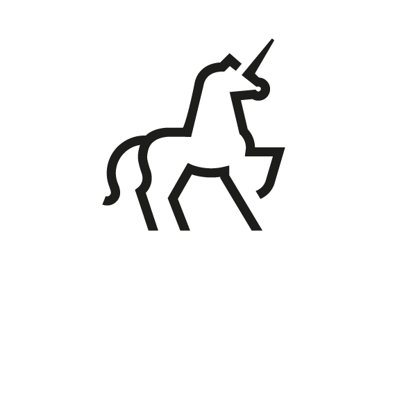 A minimalist black outline of a unicorn, featuring a prominent horn and a flowing mane, depicted in a standing position.