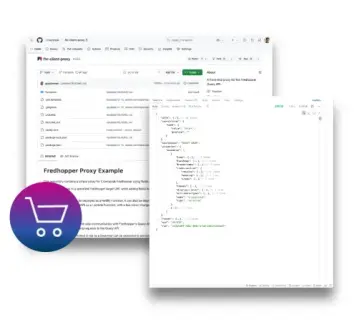 A screenshot showing code and documentation for a Fredhopper Proxy example, with a shopping cart icon in the foreground.