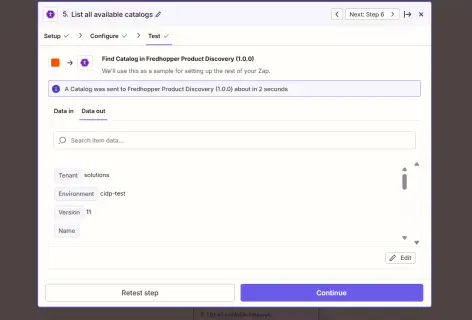 A user interface displaying a catalog setup for Fredhopper Product Discovery, showing tenant, environment, version, and action buttons.