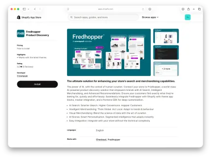 A Shopify app page for Fredhopper, showcasing AI-powered product discovery features, installation button, and app highlights.