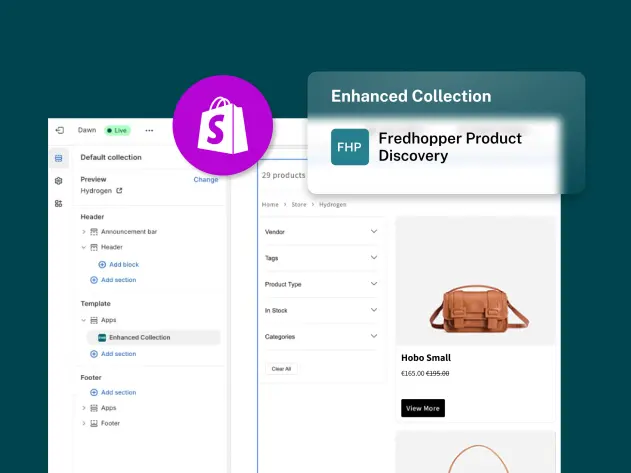 A Shopify interface displaying a product collection with a brown bag labeled 'Hobo Small' priced at €165.00, featuring filters and sections.