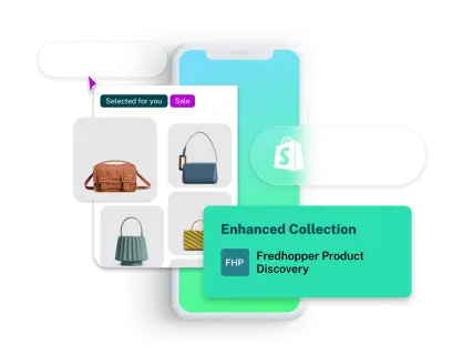 A smartphone screen displays a selection of handbags with labels for 'Selected for you' and 'Sale,' featuring an 'Enhanced Collection' banner.