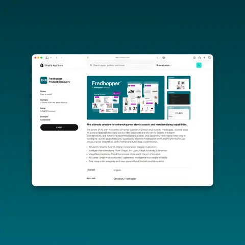 A Shopify app page for Fredhopper, showcasing AI-driven product discovery features and integration options for enhanced merchandising.