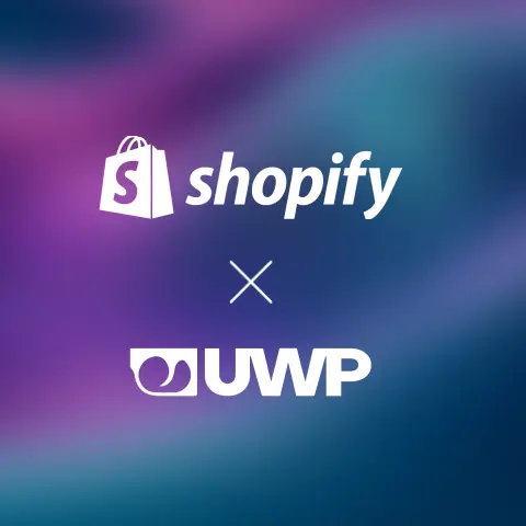 Logos of Shopify and UWP are displayed on a gradient background, indicating a partnership or collaboration between the two brands.
