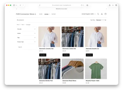 An online store catalog displaying various products, including hats, fish, cars, shoes, and a table, with prices listed.