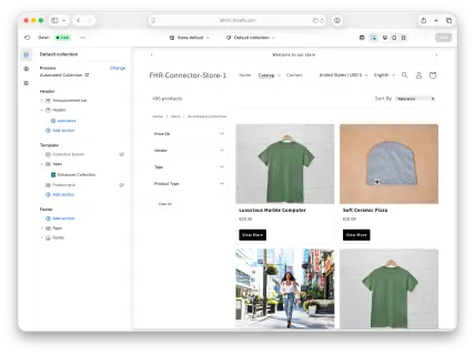 A Shopify store interface displaying products, including a green shirt and a gray beanie, with options for sorting and filtering.