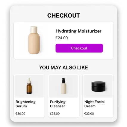 Checkout screen displaying a Hydrating Moisturizer for €24, with suggestions for Brightening Serum, Purifying Cleanser, and Night Facial Cream.