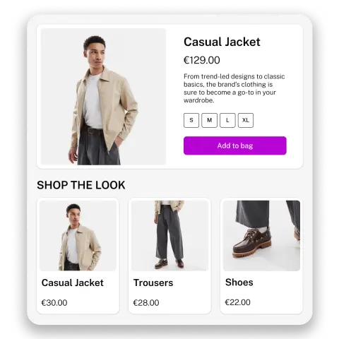 A model wearing a beige casual jacket, priced at €129, with options to add to cart and view matching trousers and shoes.