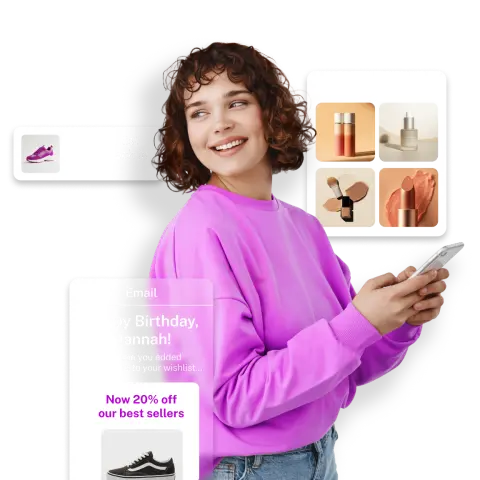 A smiling woman in a purple sweater holds a smartphone, surrounded by product images and a birthday email notification.