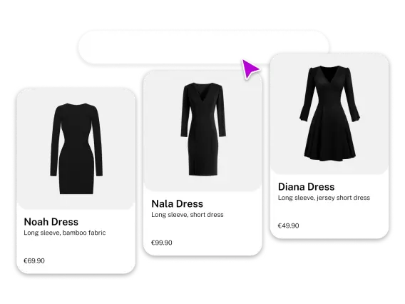 Three black dresses displayed: Noah Dress (€69.90), Nala Dress (€99.90), and Diana Dress (€49.90), each with descriptions.