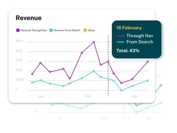 Line graph showing revenue trends from January to March, highlighting February 16 with 43% revenue from navigation and search.