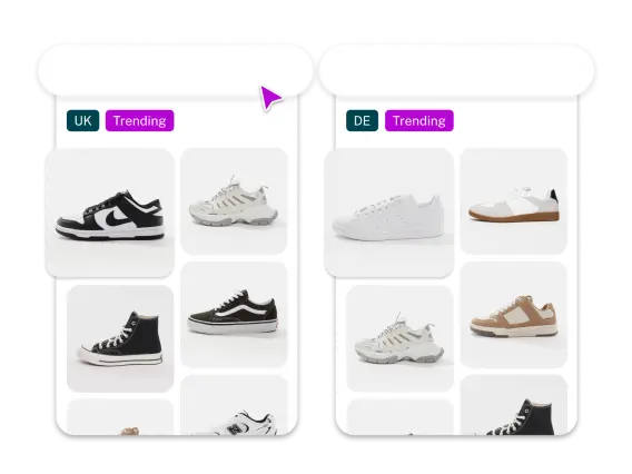 A grid displays trending sneakers, with styles from brands like Nike and Adidas, separated into UK and DE sections.