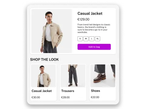 A model showcases a casual jacket priced at €129, with options to add to the bag and view related items: trousers and shoes.