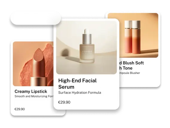 Three beauty products displayed: a creamy lipstick, a high-end facial serum, and a soft blush, each with prices and descriptions.