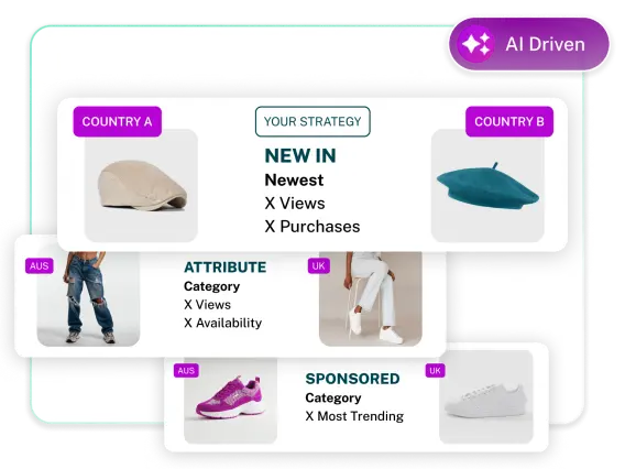 A digital display shows fashion items, including hats and shoes, with metrics for views and purchases across different countries.
