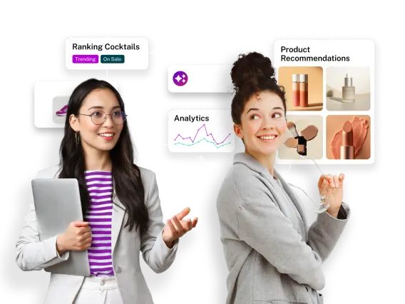 Two women discuss analytics and product recommendations, with visuals of cocktails and beauty products in the background.