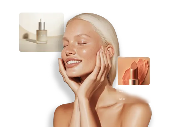 A smiling woman with blonde hair holds her face, showcasing a facial serum and lipstick in adjacent product images.