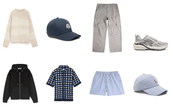 A collection of casual clothing items: a striped sweater, cap, cargo pants, sneakers, hoodie, patterned shirt, swim shorts, and a striped cap.