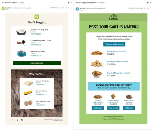 Personalization examples of emails to shoppers who have abandoned carts