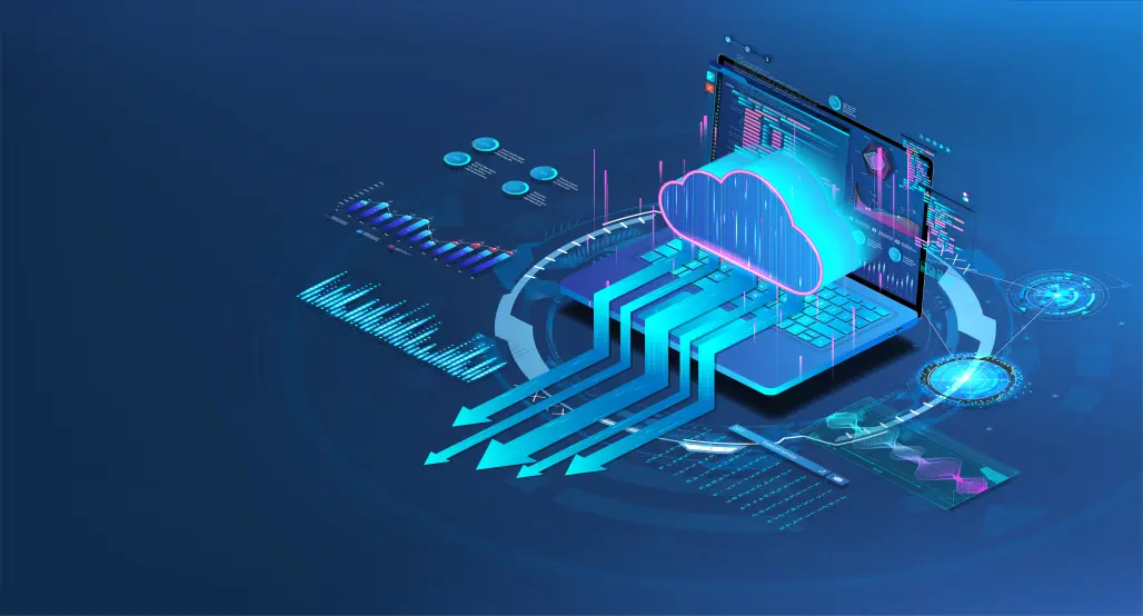 Cloud storage with laptop in isometric. Data center with data exchange for hosting or cloud service. App or Network with computing technologies