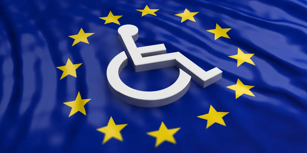  Wheelchair, disabled sign isolated on European Union flag background.