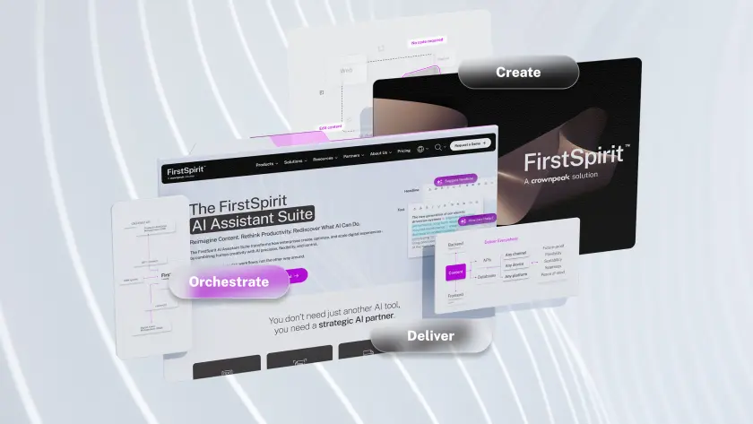 A digital display featuring the FirstSpirit AI Assistant Suite with options to 'Create,' 'Orchestrate,' and 'Deliver' on a sleek background.