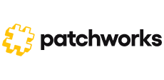 A logo featuring a yellow puzzle piece with the word 'patchworks' in bold black letters.