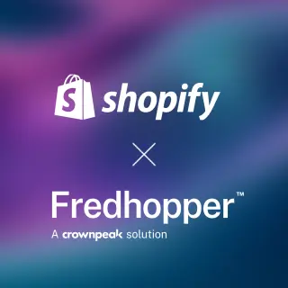 Logo of Shopify and Fredhopper on a gradient background, indicating a partnership between the two brands.