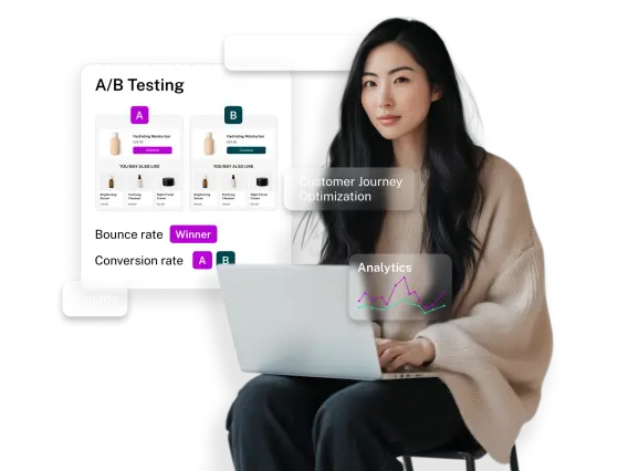 A woman with long dark hair sits at a laptop, analyzing A/B testing data for skincare products and customer insights.